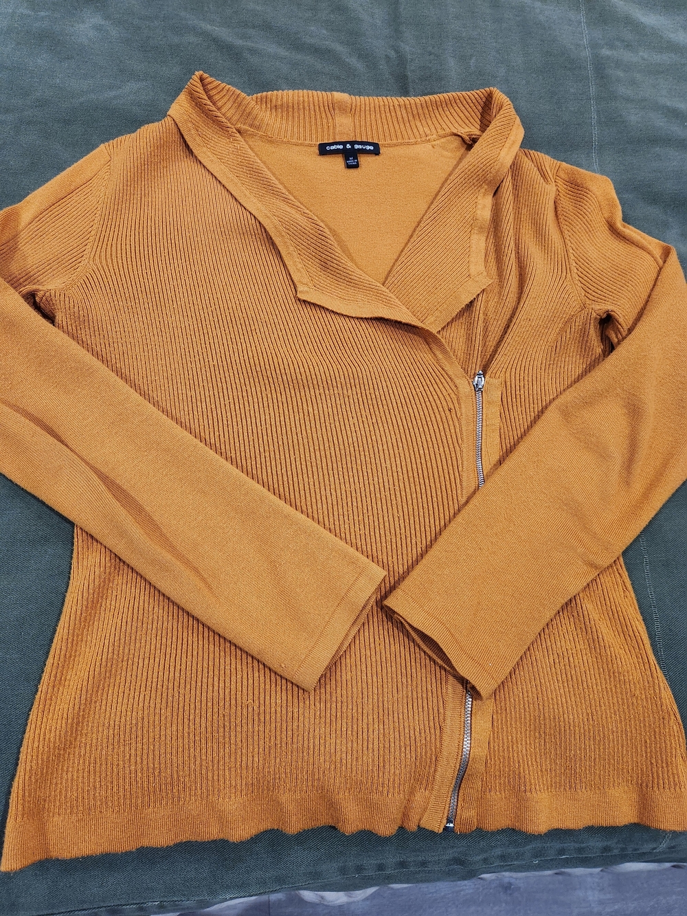 Ribbed Asymmetrical Moto Zip Cardigan - Mustard Gold